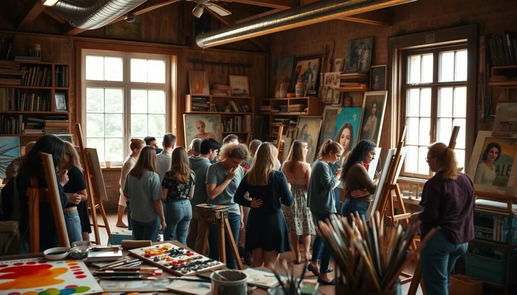 A vibrant art community gathering in a cozy, well-lit studio. In the foreground, a group of artists huddle around easels, brushes in hand, deep in concentration as they capture the essence of their subjects. The middle ground features a diverse array of creative tools and materials, from paint-stained palettes to an assortment of charcoals and pencils. In the background, a large window floods the space with warm, natural light, casting a soft, inviting glow over the entire scene. The atmosphere is one of focused creativity, collaborative energy, and a shared passion for the art of expression.