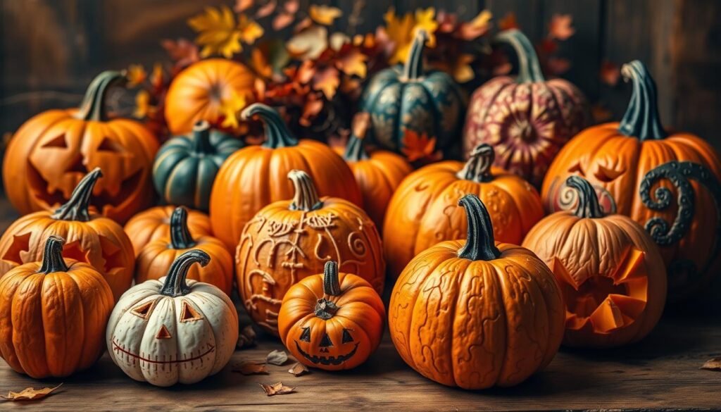 A vibrant, artfully composed still life showcasing a collection of uniquely carved and decorated pumpkins. The foreground features an array of pumpkins in varying sizes and shapes, their surfaces adorned with intricate designs, from whimsical faces to intricate patterns. The middle ground includes a mix of autumn foliage, creating a warm, rustic backdrop. Warm, soft lighting casts gentle shadows, highlighting the textural details of the pumpkins. The overall scene evokes a sense of artistic inspiration, creativity, and the enchanting spirit of the autumn season.
