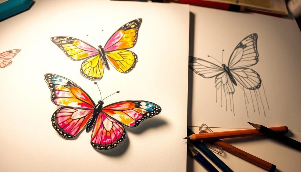 A vibrant collection of artistic butterfly drawings, showcasing diverse styles and techniques. The foreground features a graceful butterfly in watercolor, its wings delicately rendered with soft brushstrokes. In the middle ground, a bold, geometric butterfly in abstract cubist form takes flight, its sharp angles and vivid colors contrasting with the surrounding space. In the background, a butterfly silhouette emerges, its form sketched in fine pencil lines, creating a sense of depth and dimension. The lighting is soft and diffused, casting a gentle glow over the scene, evoking a sense of whimsy and creativity. The overall atmosphere is one of artistic exploration and the beauty of nature, inspiring the viewer to experiment with different drawing styles and techniques.