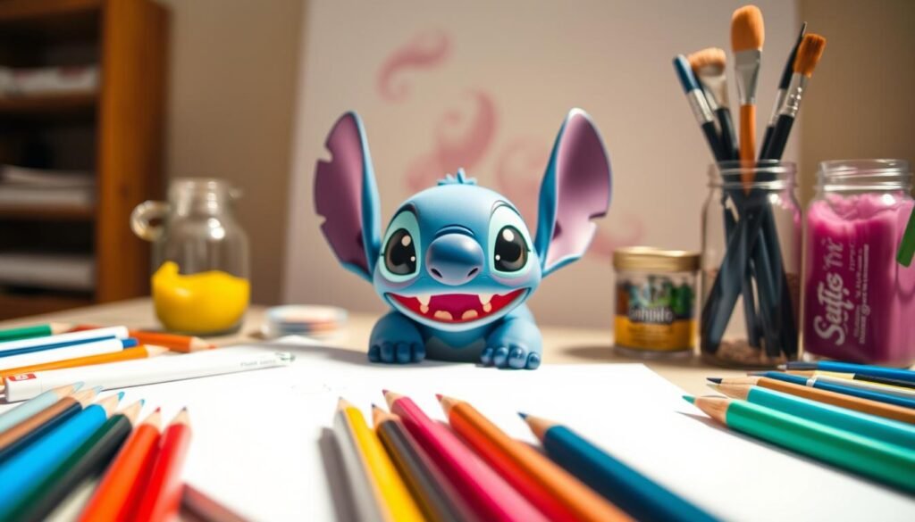 A vibrant collection of drawing materials for the beloved character Stitch from Lilo & Stitch. In the foreground, an assortment of colored pencils, markers, and a sketchpad lie neatly arranged, inviting the artist to begin their creative journey. In the middle ground, a jar of paintbrushes and a set of watercolor paints stand ready, hinting at the range of artistic techniques that can be explored. The background features a whimsical, soft-focus depiction of Stitch himself, his large expressive eyes and mischievous grin serving as inspiration for the artwork to come. The lighting is warm and natural, creating a cozy, inviting atmosphere for the aspiring artist.