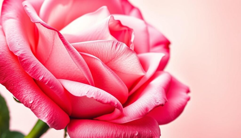 A vibrant color palette for a rose drawing, with rich hues and delicate gradients. The foreground features a close-up view of rose petals, showcasing their intricate textures and varied shades of pink, from soft blush to deep crimson. The middle ground blends in subtle undertones of green from the stem and leaves, creating a harmonious composition. The background is a soft, muted gradient, allowing the rose to take center stage and emphasize the beauty of its form and color. Warm, diffused lighting casts gentle shadows, adding depth and dimension to the scene. The overall mood is one of elegance, grace, and the captivating allure of the rose.