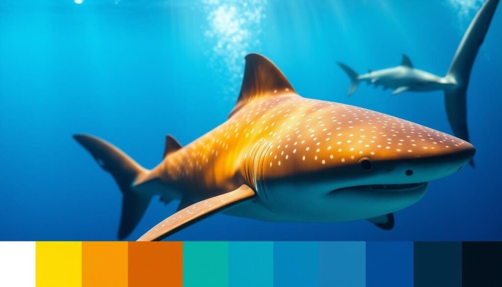 A vibrant color palette inspired by the diverse hues of sharks, showcasing their mesmerizing beauty. In the foreground, a seamless gradient of blues, from deep navy to pale aquamarine, mimicking the shimmering scales of a great white shark. In the middle ground, a burst of warm golden tones, reminiscent of the sun-dappled backs of hammerhead sharks. In the background, a subtle gradient of grays and silvers, evoking the sleek, metallic appearance of a blacktip reef shark. The lighting is soft and diffused, creating a serene, almost dreamlike atmosphere. The overall effect is a stunning, visually captivating representation of the captivating color spectrum found in these majestic ocean predators.