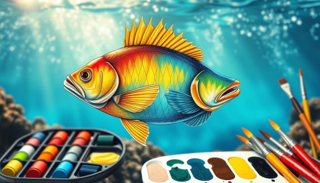 A vibrant, detailed illustration of color theory principles applied to the artistic rendering of a fish. In the foreground, a radiant, meticulously drawn fish showcases a spectrum of hues, from warm oranges and yellows to cool blues and greens, demonstrating complementary, analogous, and triadic color schemes. The fish's form is sharply defined, with realistic textures and intricate fins. In the middle ground, a palette of paint tubes and brushes in a variety of colors provides a visual reference for the color theory concepts. The background features a serene, underwater scene with shimmering light filtering through the water, creating a calming, contemplative atmosphere conducive to the study of color and its application in fish drawing. A vibrant, detailed illustration of color theory principles applied to the artistic rendering of a fish. In the foreground, a radiant, meticulously drawn fish showcases a spectrum of hues, from warm oranges and yellows to cool blues and greens, demonstrating complementary, analogous, and triadic color schemes. The fish's form is sharply defined, with realistic textures and intricate fins. In the middle ground, a palette of paint tubes and brushes in a variety of colors provides a visual reference for the color theory concepts. The background features a serene, underwater scene with shimmering light filtering through the water, creating a calming, contemplative atmosphere conducive to the study of color and its application in fish drawing.