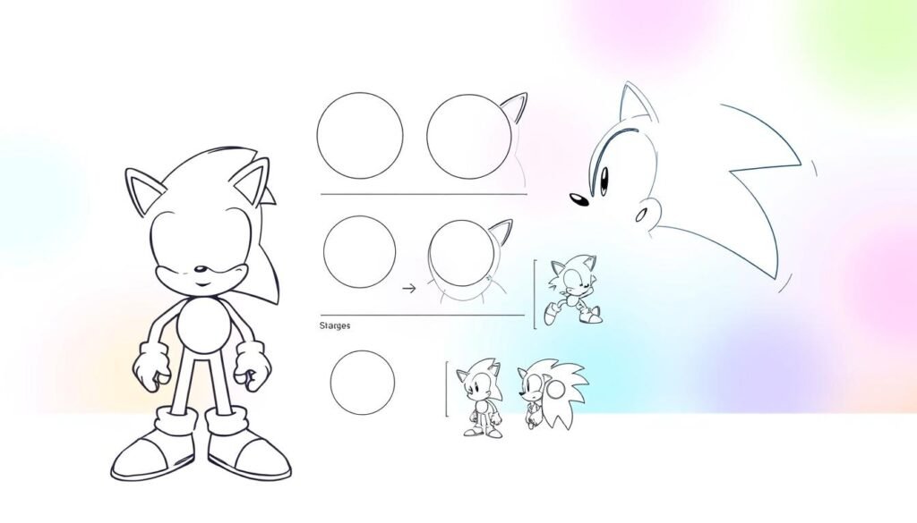 A vibrant, dynamic illustration showcasing the basic shapes that form the iconic Sonic the Hedgehog. In the foreground, a clean, detailed outline of Sonic's head and body, constructed from simple geometric forms like circles, ovals, and rectangles. In the middle ground, a series of guiding lines and construction sketches, demonstrating how these basic shapes can be combined to build the recognizable Sonic silhouette. The background features a playful, colorful gradient, evoking the high-energy, retro-futuristic aesthetics of the Sonic franchise. Soft, diffused lighting creates depth and dimension, while a slightly low, three-quarter camera angle emphasizes the subject's dynamic, bold presence. Overall, a visually striking tutorial, ideal for aspiring artists learning to capture the essence of Sonic through fundamental drawing techniques.