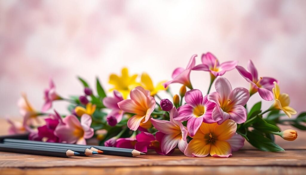 A vibrant floral still life set against a soft, hazy background. In the foreground, a collection of delicate flower blossoms in shades of pink, yellow, and purple are being carefully colored with colored pencils. The flowers are arranged in a natural, organic composition, with petals gently unfurling. The lighting is soft and diffused, creating a warm, inviting atmosphere. The middle ground features a wooden table or surface, with the pencils and other art supplies scattered around. The background is blurred, emphasizing the focus on the creative process of coloring the flowers. The scene conveys a sense of tranquility, creativity, and the beauty of nature.