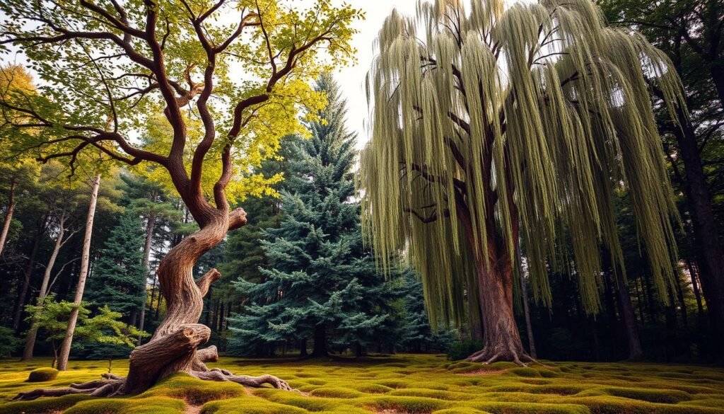 A vibrant forest showcasing an array of distinct tree styles, from the stately oak with its broad canopy to the delicate birch with its whimsical white bark. In the foreground, a gnarled and twisted maple tree stands proud, its leaves dancing in the soft, diffused light. In the middle ground, a cluster of evergreen pines reach skyward, their needles casting intricate shadows across the lush, mossy ground. In the background, a towering willow gracefully cascades its long, flowing branches, creating a tranquil and serene atmosphere. The scene is bathed in a warm, golden glow, accentuating the unique textures and shapes of each tree. A visually captivating display of nature's diverse tree styles.