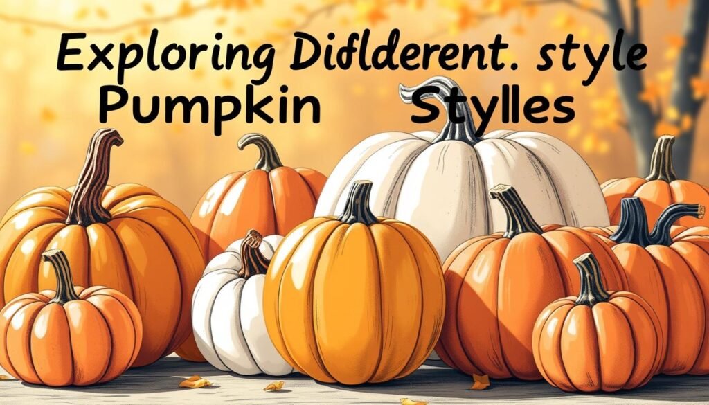 A vibrant, hand-drawn illustration of various pumpkin styles, showcasing their unique shapes, textures, and details. The pumpkins are arranged in the foreground, with a soft, dreamlike background of autumn foliage and a warm, golden light. The scene is captured with a whimsical, organic style, emphasizing the natural beauty and diversity of pumpkins. The lighting is soft and diffused, creating a cozy, inviting atmosphere that captures the essence of the "Exploring Different Pumpkin Styles" section of the article.