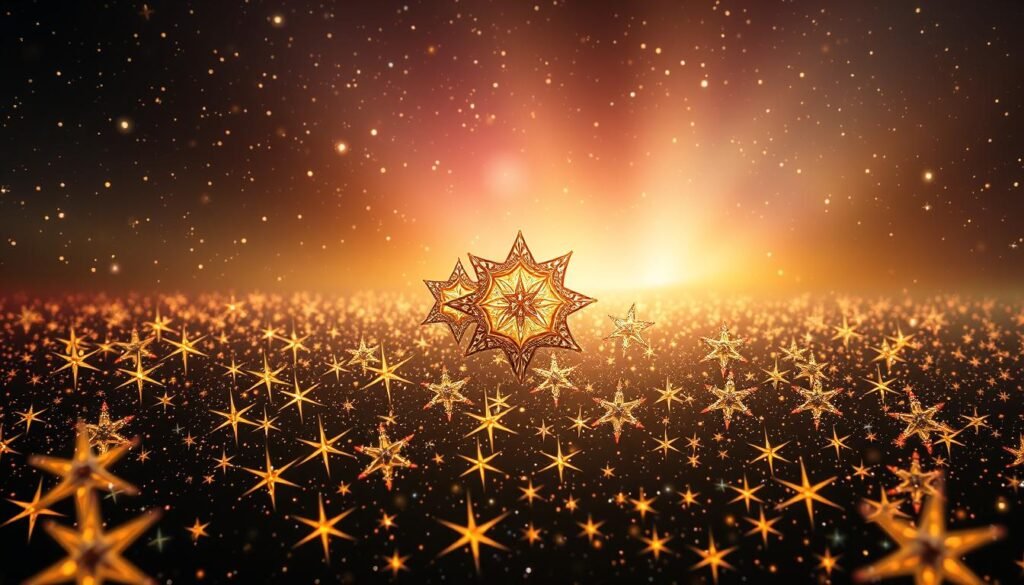 A vibrant, intricate starscape emerges, illuminated by an otherworldly glow. In the foreground, an array of stars in varying shapes and sizes twinkle with mesmerizing detail, their radiant beams casting a kaleidoscopic effect. The middle ground features a cluster of celestial bodies, their forms intertwining in a dynamic, almost choreographic arrangement. Subtle gradients of color dance across the background, creating a sense of depth and dimension. Lighting is soft yet dramatic, with highlights and shadows accentuating the textural elements of the stars. The overall composition exudes a captivating, almost mystical atmosphere, inviting the viewer to explore the advanced techniques of stellar design.