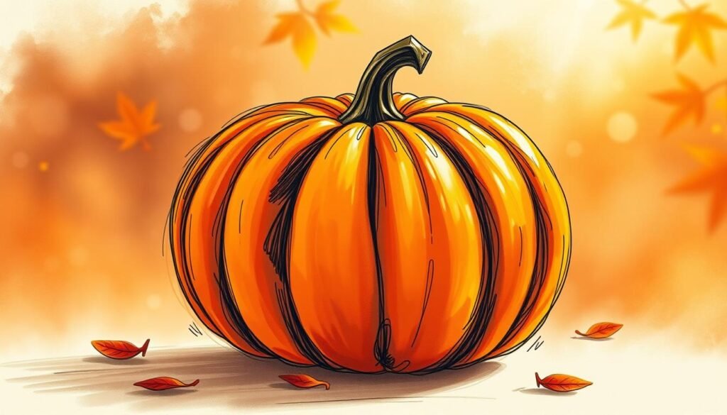 A vibrant pumpkin drawing in the center of the frame, filled with a riot of warm, saturated colors. The pumpkin's ridges and contours are accentuated with bold, expressive brushstrokes, creating a sense of depth and texture. Surrounding the pumpkin, a soft, hazy background in complementary hues, with hints of autumnal foliage and a dreamy, atmospheric quality. The lighting is warm and diffused, casting gentle shadows that add to the overall sense of depth and dimensionality. The composition is balanced and visually striking, drawing the viewer's eye to the vibrant, expressive pumpkin at the heart of the image.