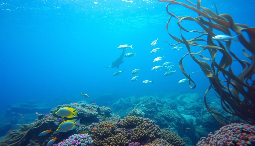 A vibrant underwater seascape, bathed in shimmering, diffuse lighting. In the foreground, a lush coral reef teeming with brightly colored tropical fish, their scales glimmering as they dart through the water. In the middle ground, a school of silvery, iridescent fish gracefully weave through the undulating fronds of swaying kelp. In the distant background, the faint silhouettes of larger marine life can be seen, creating a sense of depth and mystery. Clarity and detail are balanced with a sense of fluid movement and atmosphere, capturing the tranquil, yet dynamic nature of this aquatic environment. A vibrant underwater seascape, bathed in shimmering, diffuse lighting. In the foreground, a lush coral reef teeming with brightly colored tropical fish, their scales glimmering as they dart through the water. In the middle ground, a school of silvery, iridescent fish gracefully weave through the undulating fronds of swaying kelp. In the distant background, the faint silhouettes of larger marine life can be seen, creating a sense of depth and mystery. Clarity and detail are balanced with a sense of fluid movement and atmosphere, capturing the tranquil, yet dynamic nature of this aquatic environment.