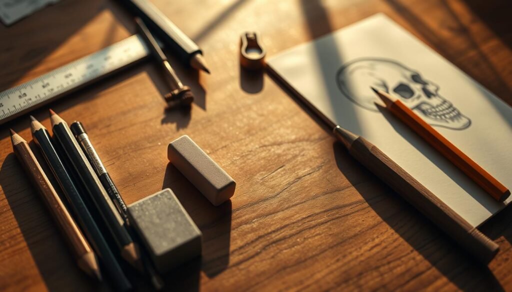 A well-lit, high-resolution close-up photograph of an assortment of drawing tools arranged on a wooden table, including a set of fine-tipped drawing pencils, a precision ruler, a kneaded eraser, a blending stump, a sharpener, and a small sketchpad. The tools are cast in warm, soft lighting with subtle shadows, creating a sense of focus and craftsmanship. The composition is balanced, with the tools thoughtfully positioned to showcase their form and function, inviting the viewer to imagine the detailed skull illustration they will help create.