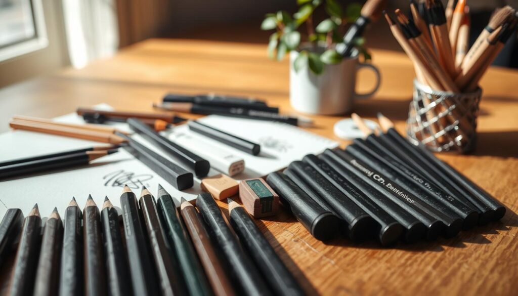 A well-lit, high-resolution close-up shot of a variety of drawing materials arranged on a warm, wooden desktop. In the foreground, an array of pencils, charcoal sticks, and a sketchpad. In the middle ground, a set of high-quality drawing pens, erasers, and a sharpener. In the background, a cup filled with ink brushes and a small potted plant, creating a natural, inspiring atmosphere. Soft, directional lighting casts gentle shadows, highlighting the textures and details of the materials. The composition is balanced and visually appealing, inviting the viewer to envision themselves creating artwork with these tools.