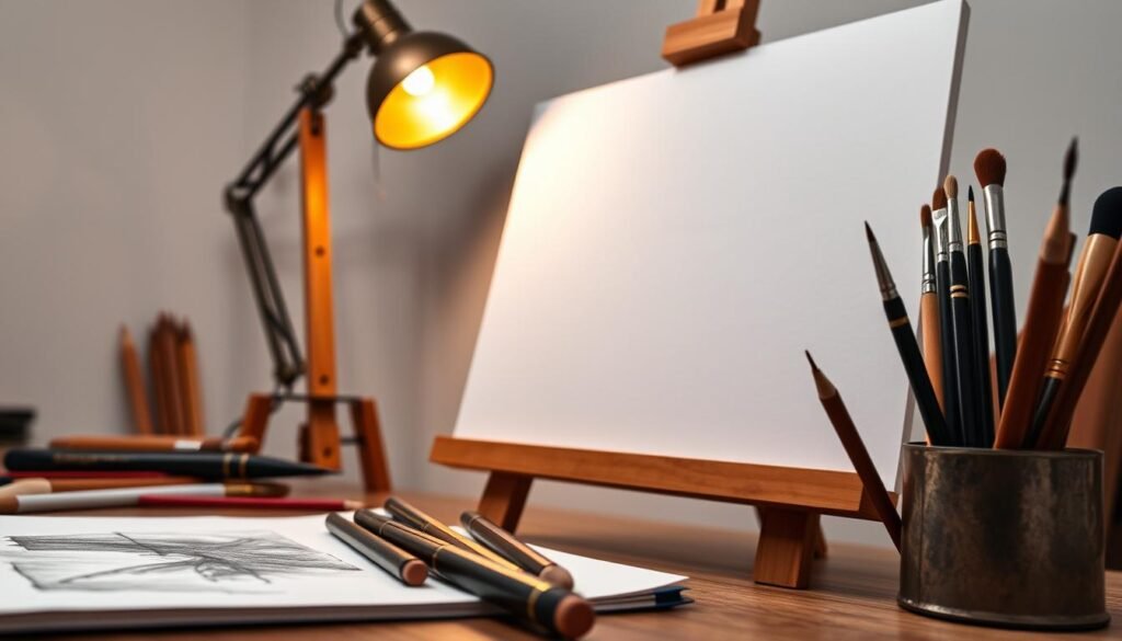A well-lit studio setting, showcasing an assortment of classic drawing tools. In the foreground, a sketchpad, charcoal pencils, and a set of high-quality graphite pencils in varying hardnesses. In the middle ground, a sturdy wooden easel supports a blank canvas, with a set of artist-grade paintbrushes, including round, flat, and detail brushes, neatly arranged. In the background, a vintage desk lamp casts a warm, focused light on the scene, accentuating the textures and details of the materials. The overall mood is one of creativity, inspiration, and the anticipation of the artistic process.