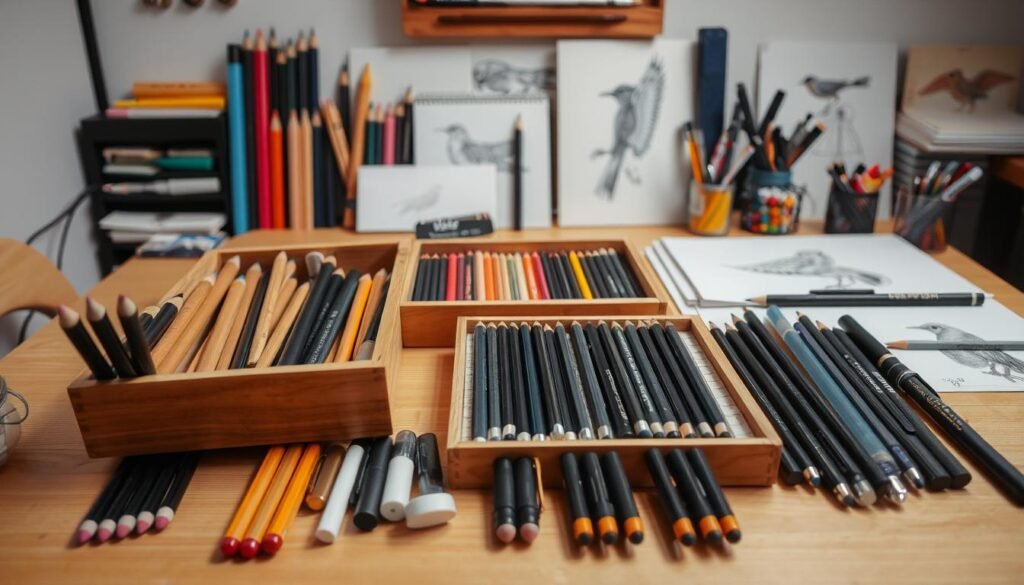 A well-lit studio table showcases an array of high-quality drawing tools. In the foreground, a set of precision mechanical pencils, graphite sticks, and erasers are neatly arranged. In the middle ground, a wooden box houses an assortment of charcoal pencils, pastel crayons, and high-quality drawing pens. The background features a selection of sketchpads, watercolor paper, and a small container of diverse drawing nibs. The overall scene conveys a sense of artistic inspiration and the thoughtful preparation required for creating detailed bird illustrations. A well-lit studio table showcases an array of high-quality drawing tools. In the foreground, a set of precision mechanical pencils, graphite sticks, and erasers are neatly arranged. In the middle ground, a wooden box houses an assortment of charcoal pencils, pastel crayons, and high-quality drawing pens. The background features a selection of sketchpads, watercolor paper, and a small container of diverse drawing nibs. The overall scene conveys a sense of artistic inspiration and the thoughtful preparation required for creating detailed bird illustrations.