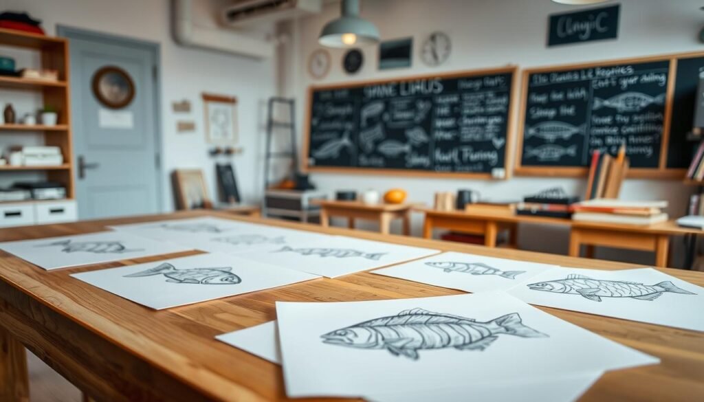 A well-lit studio, with a table in the foreground showcasing a progression of fish drawings. The initial sketches are simplistic, with basic shapes and proportions. As the viewer's gaze moves towards the middle ground, the drawings become more refined, with detailed fins, scales, and expressive eyes. In the background, a chalkboard displays helpful tips and techniques, guiding the viewer on how to improve their fish illustrations. The overall atmosphere is one of education and artistic growth, encouraging the viewer to take their fish drawing skills to the next level. A well-lit studio, with a table in the foreground showcasing a progression of fish drawings. The initial sketches are simplistic, with basic shapes and proportions. As the viewer's gaze moves towards the middle ground, the drawings become more refined, with detailed fins, scales, and expressive eyes. In the background, a chalkboard displays helpful tips and techniques, guiding the viewer on how to improve their fish illustrations. The overall atmosphere is one of education and artistic growth, encouraging the viewer to take their fish drawing skills to the next level.
