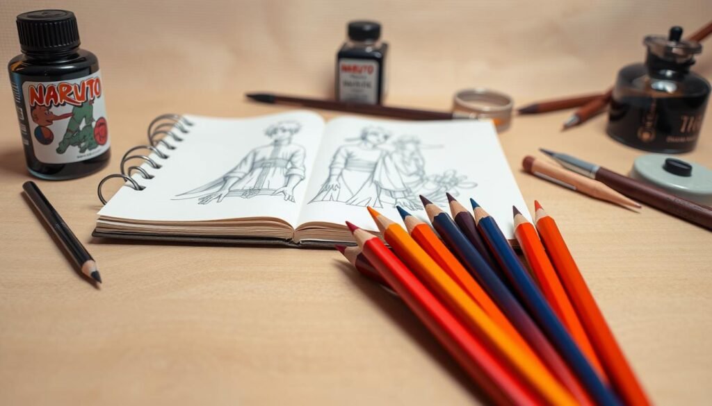 A well-lit tabletop scene featuring an array of classic Naruto drawing supplies. In the foreground, a set of high-quality colored pencils, their tips sharpened to a fine point, arranged in a fan-like formation. In the middle ground, a sketchpad with a few initial sketches of Naruto characters visible, the pages slightly worn and textured. In the background, a bottle of India ink, a selection of fine-tipped brushes, and a small ceramic ink stone, all set against a neutral, subtly-textured backdrop that enhances the warm, creative atmosphere.