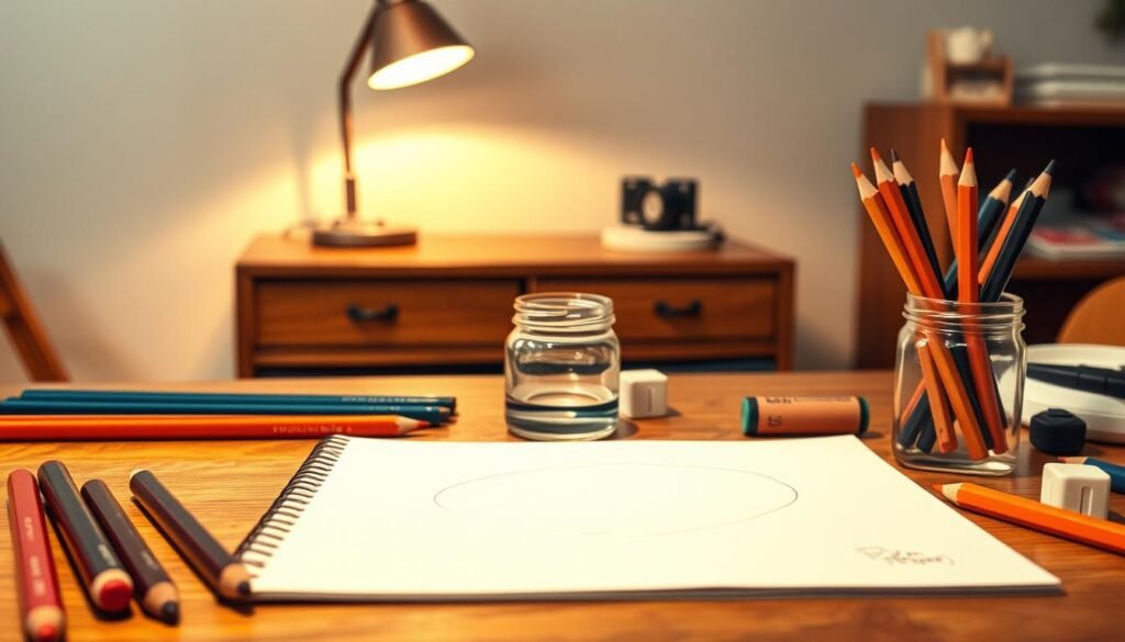 A well-lit tabletop scene with a variety of drawing supplies in the foreground, including sharpened pencils, a set of high-quality colored pencils, a sketchpad with a blank page open, a small jar of water for ink washes, and a few artist's erasers. In the middle ground, a wooden desk or table with a simple lamp casting a warm glow. The background is softly blurred, suggesting a comfortable, focused workspace suitable for learning to draw Pokemon.