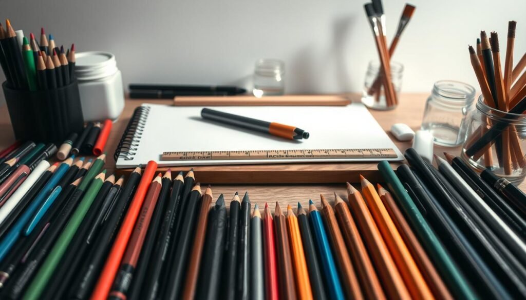 A well-organized array of high-quality drawing supplies arranged in a neatly curated still life composition. In the foreground, an assortment of pencils, pens, and markers in various colors and thicknesses. In the middle ground, a sketchpad, ruler, and eraser resting on a wooden desk surface. In the background, a carefully placed set of paint brushes, charcoal sticks, and a small jar of water. The lighting is soft and diffused, creating gentle shadows that accentuate the textures and details of the materials. The overall mood is one of artistic focus and creative potential, inviting the viewer to imagine the masterpieces that could be crafted with these essential drawing tools.