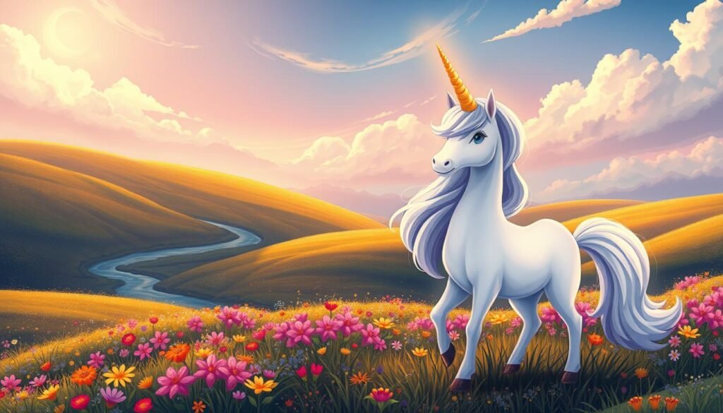 A whimsical, detailed illustration of a unicorn, its horn glowing softly, set against a vibrant, fantastical landscape. The unicorn stands majestically in the foreground, its mane and tail flowing gracefully. The middle ground features a rolling meadow of colorful wildflowers, with a gently flowing stream in the distance. The background showcases a magical, dreamlike sky with wispy clouds and a crescent moon. Warm, natural lighting illuminates the scene, creating a sense of enchantment and wonder. The overall mood is one of tranquility and enchantment, perfectly capturing the essence of a unicorn's ethereal beauty.