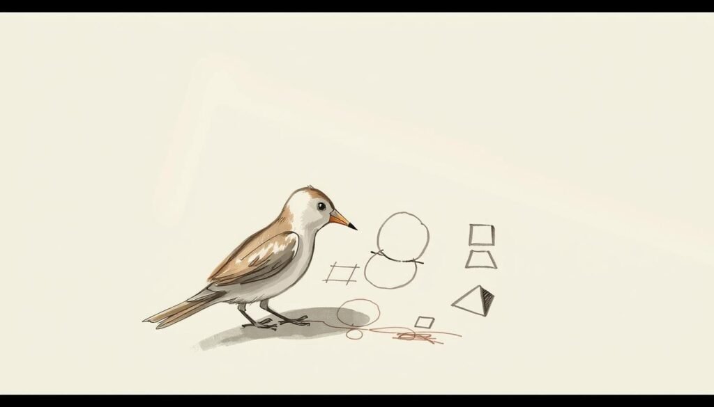 A whimsical sketch of a bird delicately drawing basic geometric shapes on a light-colored paper surface. The bird's body is rendered in soft, fluid brushstrokes, its beak grasping a charcoal pencil as it carefully constructs a composition of circles, triangles, and rectangles. Warm, natural lighting filters in from the side, casting subtle shadows that accentuate the bird's form and the textures of the paper. The background is a simple, uncluttered space, allowing the bird's artistic process to take center stage. The overall mood is one of focused concentration and creative exploration. A whimsical sketch of a bird delicately drawing basic geometric shapes on a light-colored paper surface. The bird's body is rendered in soft, fluid brushstrokes, its beak grasping a charcoal pencil as it carefully constructs a composition of circles, triangles, and rectangles. Warm, natural lighting filters in from the side, casting subtle shadows that accentuate the bird's form and the textures of the paper. The background is a simple, uncluttered space, allowing the bird's artistic process to take center stage. The overall mood is one of focused concentration and creative exploration.