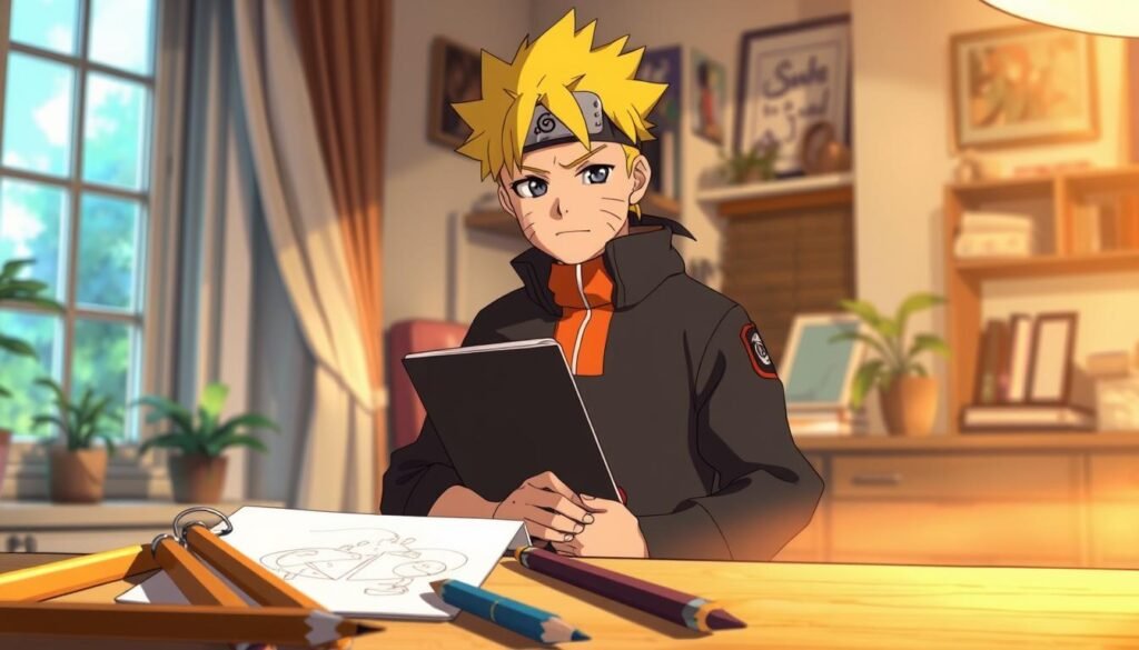 A young anime protagonist, Naruto, stands confidently, a sketchpad in hand, as he prepares to share his artistic techniques. Soft morning light filters through the window, illuminating the scene with a warm, inviting glow. In the foreground, Naruto's pencils and drawing implements are neatly arranged, hinting at the creative process about to unfold. The background features a cozy, lived-in room, with subtle details that suggest the character's personality and interests. Naruto's expression is one of focused determination, his brow furrowed as he contemplates the next stroke of his pencil, ready to impart his knowledge of character design and dynamic poses to the viewer.