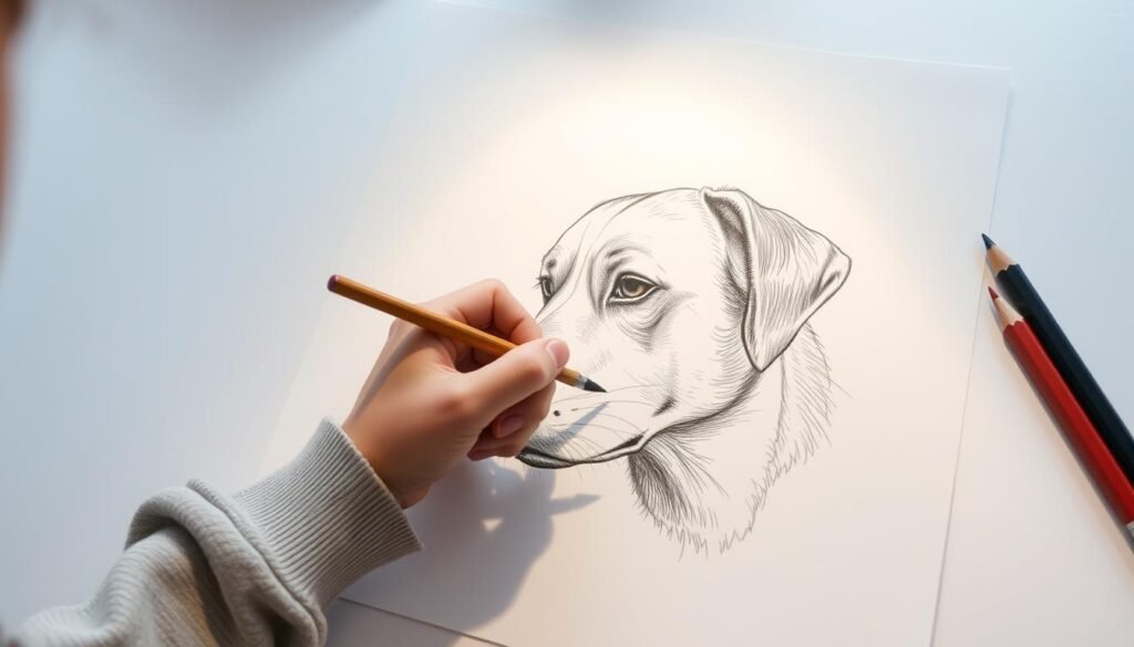 A young artist's hand sketches a realistic dog's head, studying its expressive features in meticulous detail. The pencil moves gracefully across the page, capturing the canine's soulful eyes, furrowed brow, and textured fur. Soft, even lighting from an overhead window casts gentle shadows, highlighting the sketch's dimensional quality. The background is a clean, neutral workspace, allowing the drawing to be the sole focus. An atmosphere of focused concentration and creative exploration pervades the scene, reflecting the diligent practice of honing one's dog drawing skills.
