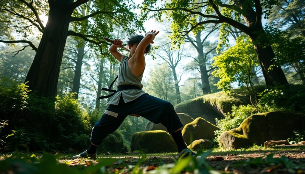 A young shinobi practices their Naruto-inspired moves in a sun-dappled forest clearing. They stand in a dynamic pose, kunai in hand, hair and clothes flowing as they channel their chakra. Lush greenery frames the scene, with towering trees and mossy rocks in the background. Soft, warm lighting filters through the leaves, casting gentle shadows and highlights on the figure. The atmosphere is one of focused determination, with a hint of playful energy as the shinobi-in-training hones their ninja skills. The camera captures the action from a low, dynamic angle, emphasizing the power and agility of the movement.