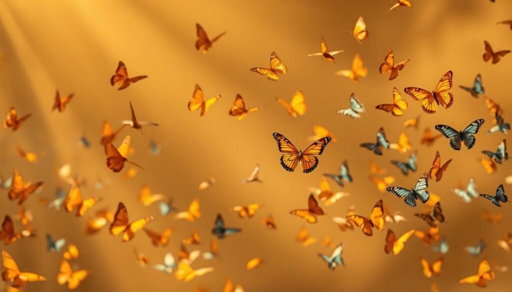 An elegant swarm of butterflies in flight, their delicate wings gently fluttering against a soft, ethereal backdrop. Warm afternoon sunlight streams in, casting a golden glow and creating dramatic shadows that accentuate the graceful movements of the butterflies as they dance through the air. The composition is balanced, with the butterflies positioned in the foreground, mid-ground, and background, creating a sense of depth and movement. The colors are vibrant yet natural, with hues of orange, yellow, and blue predominating. The overall mood is one of serenity and wonder, inviting the viewer to observe the beauty and elegance of these incredible creatures.