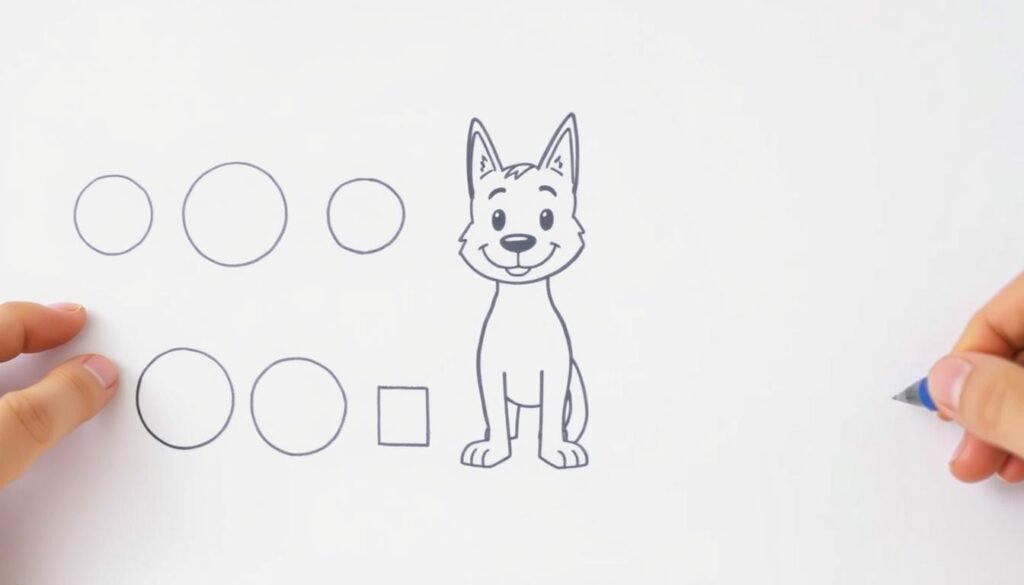 An illustration of the basic shapes used to draw the cartoon character Bluey. In the foreground, a series of simple geometric forms - circles, ovals, rectangles, and triangles - arranged in a step-by-step progression, demonstrating how to construct Bluey's distinctive features. The middle ground shows a partially sketched Bluey character, with the basic shapes visible as a framework. The background is a clean, minimalist white space, creating a focused, instructional atmosphere. Soft, diffused lighting emphasizes the shapes and contours, while a slightly low camera angle gives the impression of looking down at a drawing surface. The overall mood is clear, educational, and accessible, suitable for a beginner's guide to drawing the popular animated dog.