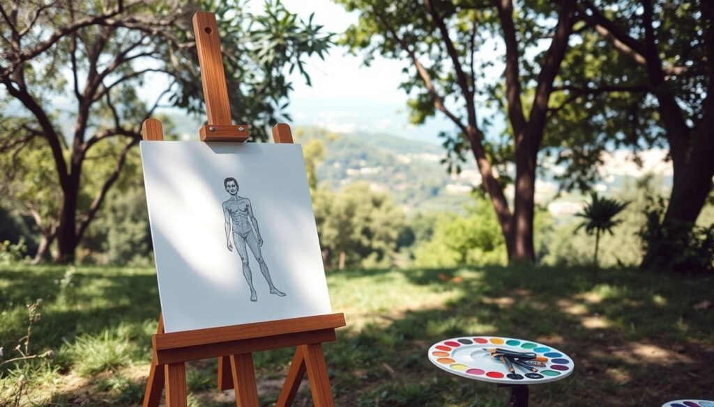 An outdoor scene with a soft, natural lighting. In the foreground, a wooden easel with a partially completed sketch of a human figure. Scattered art supplies - pencils, brushes, and a palette of vibrant paints - create a sense of creative energy. The middle ground features lush greenery, with trees and foliage gently swaying in a light breeze. In the background, a picturesque landscape unfolds, perhaps a rolling hillside or a distant cityscape, providing a visually interesting backdrop for the artist's work. The overall mood is one of tranquility and artistic inspiration, with a touch of whimsical charm.