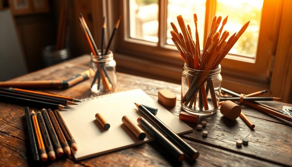 Artfully arranged collection of drawing implements on a rustic wooden surface, illuminated by warm natural lighting filtering through a window. Foreground features a set of high-quality pencils, charcoal sticks, erasers, and a sketchpad. Middle ground showcases a glass jar holding an assortment of paintbrushes in varying sizes. Background subtly reveals a window frame and a glimpse of an outdoor scene, creating a sense of depth and ambiance. The overall composition evokes a serene, creative atmosphere ideal for an aspiring artist's workspace.