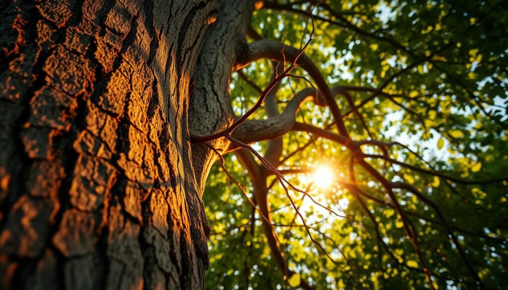 Close-up view of a deciduous tree's intricate bark and textured branches, illuminated by warm, golden sunlight filtering through lush foliage. The foreground focuses on the intricate patterns and crevices of the weathered bark, showcasing its rugged, organic beauty. The middle ground reveals the graceful, twisting limbs and delicate twigs, each casting intricate shadows across the surface. In the background, the leaves flutter gently, creating a soft, dappled effect that enhances the sense of depth and atmosphere. Captured with a macro lens to emphasize the delicate, almost tactile qualities of the tree's natural details.