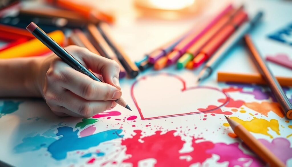 Coloring hearts: a vibrant, dynamic scene with a range of artistic media. In the foreground, a hand gracefully holds a colored pencil, carefully shading the outline of a heart. The middle ground showcases a selection of markers, paints, and crayons, their rich hues spilling across the page. In the background, a soft, diffused light casts a warm glow, highlighting the texture of the paper and the artistic process unfolding. The mood is one of creative exploration, with a sense of focus and attention to detail. A perfect illustration for the "Adding Color and Shading" section of the "Learn to Draw a Heart in Easy Steps" article.