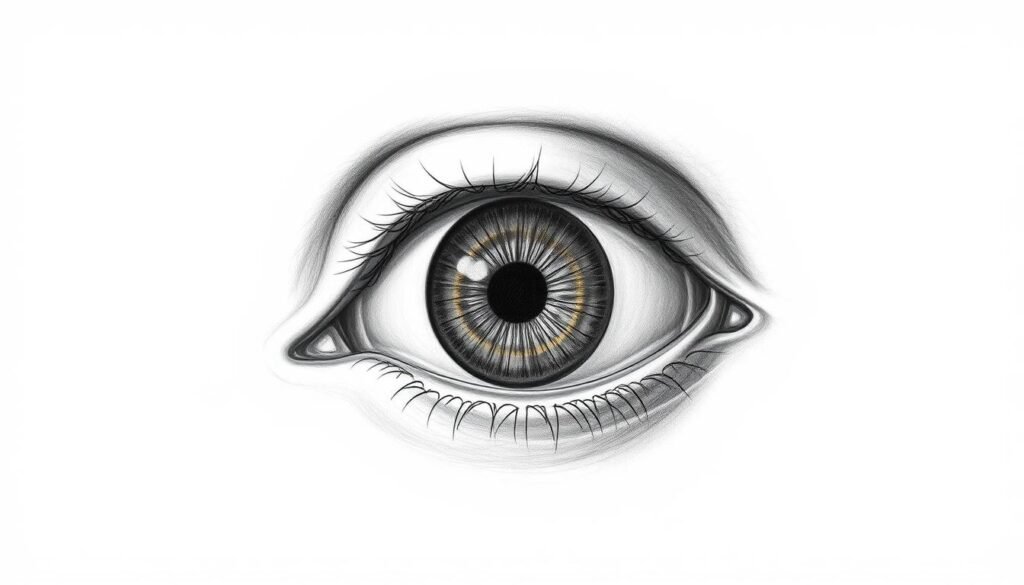 Detailed anatomical drawing of a human eye, rendered in a precise, technical style. Centered composition, with the eye filling the majority of the frame. Lighting is soft and directional, creating subtle shadows and highlights that accentuate the eye's intricate structure. The iris, pupil, and sclera are depicted with high fidelity, showcasing the nuances of their shapes and textures. The eyelid and surrounding skin are also rendered with meticulous attention to detail, highlighting common mistakes in eye drawing proportions. Overall, the image conveys a sense of scientific study and clinical analysis, serving as a valuable reference for artists seeking to improve their eye drawing skills.