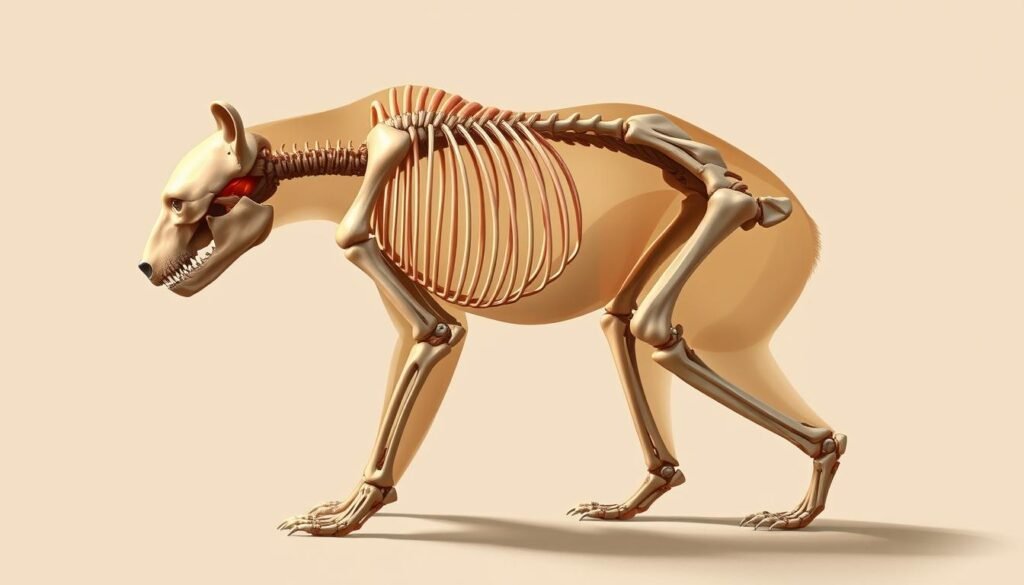 Detailed anatomical illustration of a bear's skeletal and muscular structure, captured in a high-resolution digital painting. Centered composition showcasing the bear's profile, with a focus on the intricate bone and muscle formations. Warm, soft lighting illuminates the subject, casting gentle shadows to emphasize the three-dimensional form. Rendered in a lifelike, scientific style using a combination of cool and warm tones to accentuate the underlying anatomy. The level of detail should be suitable for educational purposes, allowing the viewer to study the bear's complex physical structure.