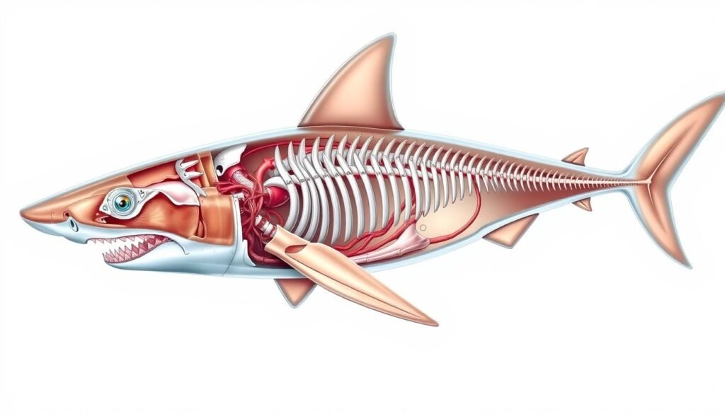 Detailed anatomical illustration of a shark, showcasing its internal structures in a clinical, scientific style. Cutaway view exposing the skeletal frame, circulatory system, digestive tract, and sensory organs. Crisp, high-contrast lighting from multiple angles highlights the complex biology. Rendered with precise, technical linework and subtle color gradients for depth and realism. Positioned on a stark white background to emphasize the subject matter. Meticulous attention to anatomical accuracy, emphasizing the shark's evolutionary adaptations.