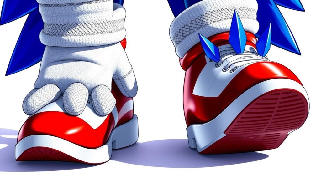 Detailed close-up illustration of Sonic the Hedgehog's iconic gloves and shoes. Sonic's bright red shoes with white stripes and soles, his white gloves with intricate cuff patterns, and his sharp spiky cobalt blue quills are rendered in a high-contrast, photo-realistic style with precise attention to textures, reflections, and shadows. The image is shot from a low angle with dramatic lighting, highlighting the dynamic form and design of Sonic's distinctive accessories. The background is a plain white surface, allowing the subject to be the sole focus.