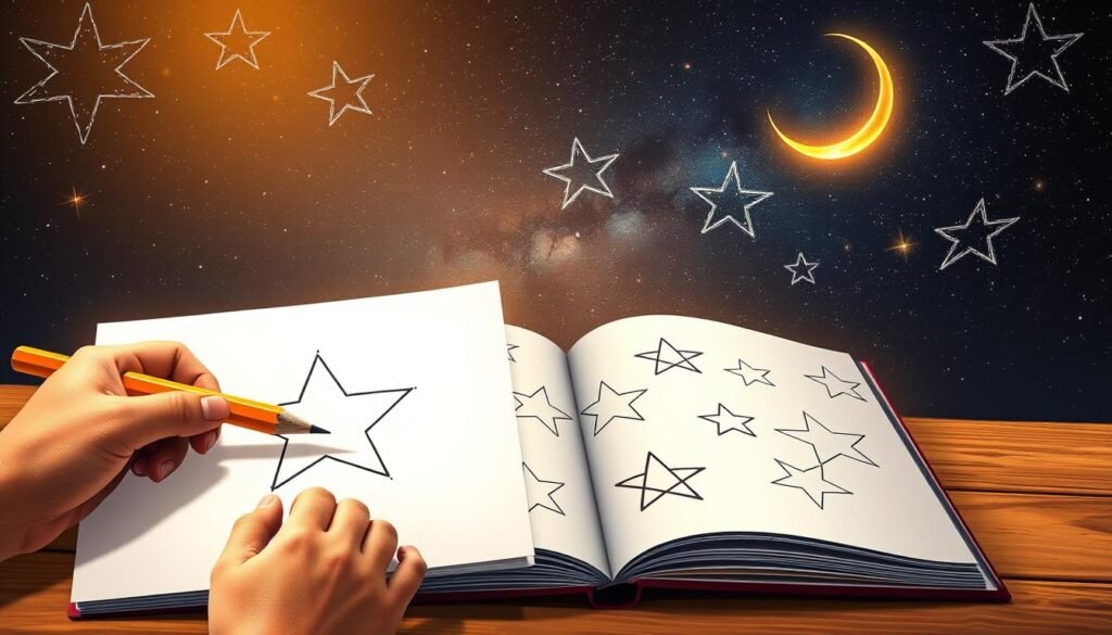 Detailed close-up illustration of various star drawing techniques. Foreground shows a hand sketching stars with pencil on paper, showcasing step-by-step construction of a five-pointed star using basic geometric shapes. Middle ground displays an open sketchbook displaying different star drawings, from simplified silhouettes to intricate, overlapping star patterns. Background depicts a starry night sky, with distant glowing stars and a crescent moon casting a soft, atmospheric glow. Warm, natural lighting illuminates the scene, creating depth and dimension. The overall mood is educational, inspiring creativity and a sense of wonder.