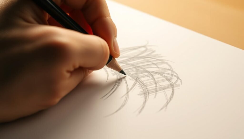 Detailed close-up of a hand sketching hair strands with pencil, creating realistic textures and volume. Soft diffused lighting illuminates the drawing surface, casting subtle shadows that accentuate the pencil strokes. The hand is positioned at a slight angle, capturing the intricate process of texturing individual hairs with careful shading and line work. The background is a warm, neutral tone, keeping the focus on the subject and the artistic techniques being demonstrated. The overall scene conveys a sense of concentration and attention to detail, reflecting the "Texturing Hair" theme.