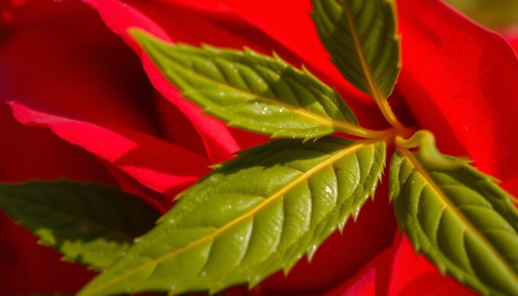 Detailed close-up of vibrant red rose petals with soft, translucent edges gently layered and overlapping. Delicate green leaves with intricate veining and a hint of dew glistening on the surface, framing the petals in the foreground. Warm, directional lighting casts subtle shadows, accentuating the organic textures and creating a sense of depth. The image is captured with a shallow depth of field, keeping the rose elements in sharp focus while the background is softly blurred, directing the viewer's attention to the intricate floral details.