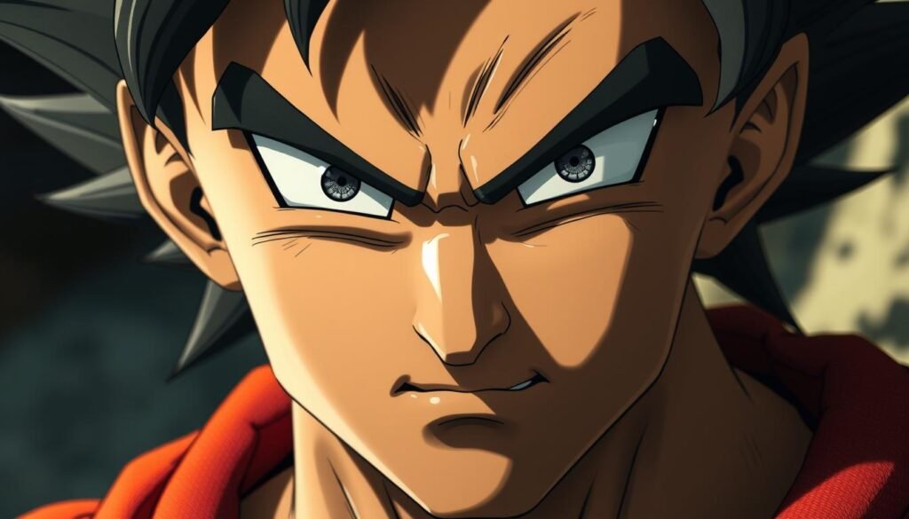 Detailed close-up portrait of Goku's face, capturing the character's iconic features in a realistic yet stylized manner. Sharp focus on the eyes, brows, nose, and mouth, showcasing their distinct angular shapes and defined contours. Dramatic overhead lighting casts dramatic shadows, accentuating the character's intense expression and rugged, determined look. The skin texture appears slightly textured, with subtle pores and imperfections visible. The hair is styled in Goku's signature spiky, wild hairstyle, rendered with intricate detail. The overall tone is serious and intense, reflecting the character's determined spirit during a pivotal moment of action or contemplation.