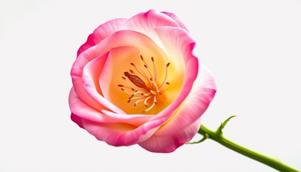 Detailed cross-section of a lush, vibrant rose blossom, showcasing its intricate anatomy. The flower is illuminated by soft, natural lighting, captured at a close, macro-level angle that emphasizes the delicate petals, stamens, pistil, and verdant stem. The image has a clean, botanical-style composition, with a plain, white background that allows the rose's structural elements to be the central focus. Crisp, high-resolution rendering that highlights the textures, colors, and intricate details of the rose's inner workings, providing a visually engaging and educational reference for understanding the anatomy of this classic floral subject.
