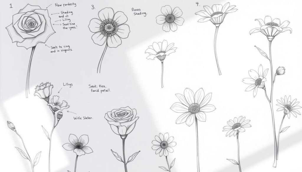 Detailed, hand-drawn illustration of flower drawing tips, featuring a variety of flower sketches and annotations on a clean, white background. The sketch subjects should include common flower types like roses, lilies, and daisies, showcasing key techniques such as shading, petal shapes, stem construction, and proportions. The lighting should be soft and natural, with a focus on the intricate details of the flower drawings. The overall mood should be educational and inspiring, capturing the essence of the "Overcoming Challenges in Flower Drawing" section.