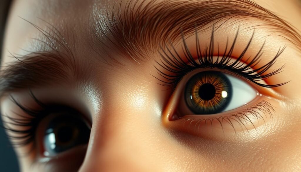 Detailed, hyper-realistic eyes taking up the frame, illuminated by soft, diffused lighting from above. The lashes are individually defined, with fine details capturing the subtle texture and sheen of the eyelids. The irises are vibrant, with intricate patterns and highlights that make them appear lifelike. The pupils are realistically dilated, conveying a sense of depth and dimension. The whites of the eyes are clear and subtly shaded, adding to the overall naturalistic appearance. The composition places the eyes at the center, filling the majority of the frame to emphasize their importance as the focal point.