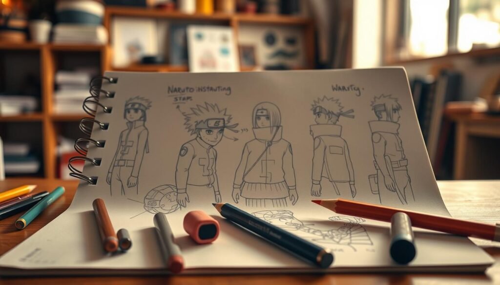Detailed pencil sketches of Naruto characters on a sketchpad, illuminated by warm studio lighting. The foreground features various drawing tools such as pencils, erasers, and a ruler, arranged neatly on the pad. The middle ground showcases step-by-step tutorials depicting the iconic Naruto characters in different poses, with construction lines and guidelines visible. The background is a soft, blurred environment, hinting at an art studio or creative workspace, with shelves of art supplies and reference materials visible. The overall scene conveys a sense of artistic inspiration and guidance for aspiring Naruto fans and artists.