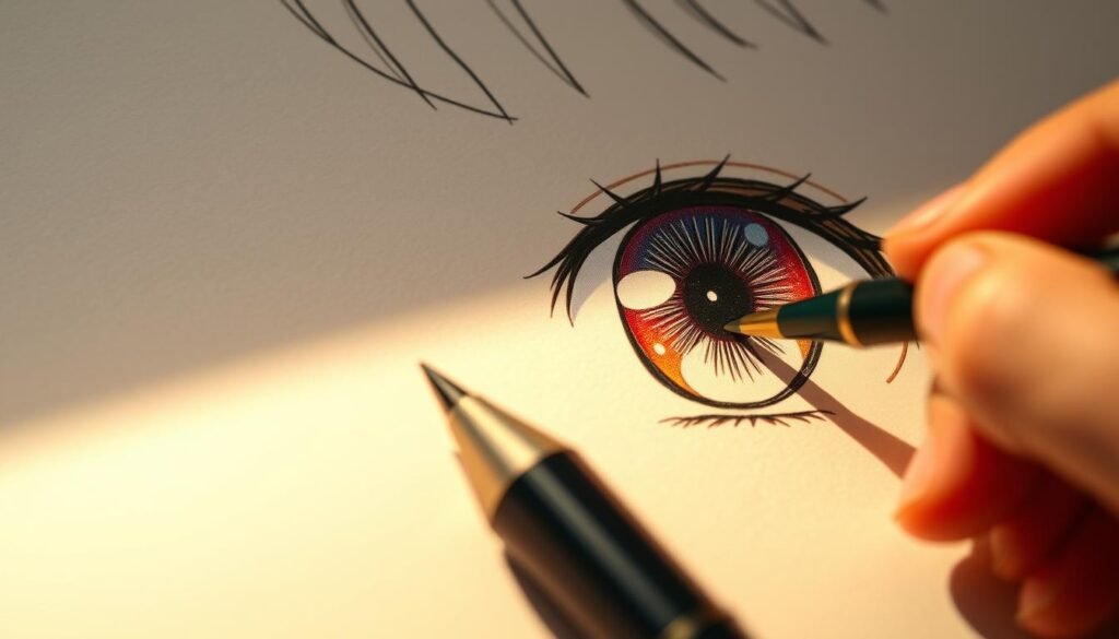 Detailed step-by-step tutorial on drawing anime eyes. A well-lit, close-up view of an artistic hand gently sketching the intricate features of a vibrant anime eye - almond-shaped lids, delicate lashes, and expressive pupils. The illustration showcases the unique styling of anime eyes, with emphasis on their large size, distinct iris shapes, and striking highlights. The scene is captured in a soft, warm lighting that enhances the detailed linework and gradients, creating a visually engaging and educational reference for aspiring anime artists.