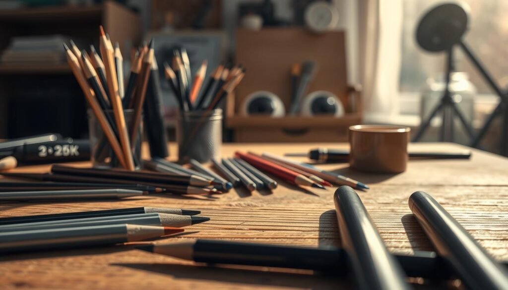 Detailed still life composition showcasing an assortment of artistic tools for drawing anime eyes. In the foreground, a variety of precision pencils, fine-tipped markers, and delicate brushes are neatly arranged. The middle ground features a wooden desk surface with a textured, weathered appearance, casting warm, natural lighting across the scene. In the background, a soft, out-of-focus backdrop of a studio or workspace, hinting at the creative environment. The overall mood is one of focused attention, highlighting the importance of the right tools for the task of crafting captivating anime-style eyes.