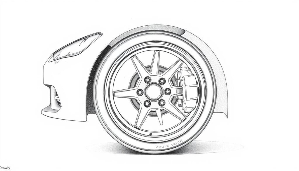Detailed technical car wheel diagram, showing a cross-section view of a wheel rim, tire, and brake assembly. The wheel is rendered in a clean, technical style with precise lines and shading to convey the engineering and construction. The wheel is set against a plain white background, with soft shadows to provide depth and dimensionality. The lighting is neutral and even, allowing the intricate wheel design to be the focus. The overall mood is one of precision, clarity, and technical excellence, suitable for an instructional guide on car drawing.