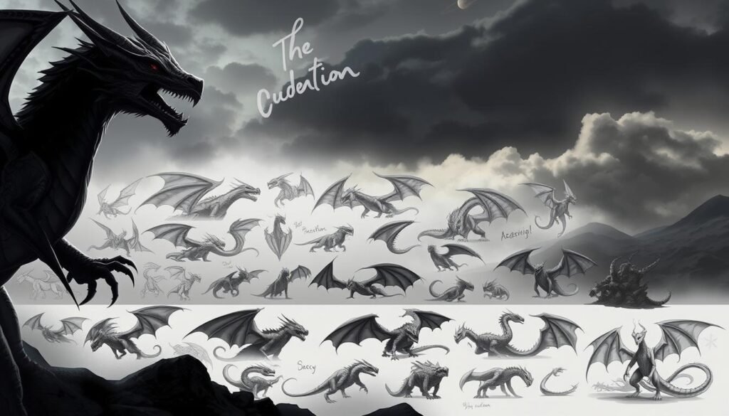Dramatic, fantastical dragon art references. In the foreground, a majestic winged dragon emerging from the shadows, its fierce gaze and sharp talons commanding attention. The middle ground features a diverse array of sketches, studies, and digital paintings showcasing various dragon poses, anatomical details, and dynamic compositions. In the background, a moody, atmospheric landscape with swirling clouds, mist, and hints of distant mountain peaks. Lighting is dramatic, with dramatic contrasts of light and shadow to accentuate the sculptural forms. The overall mood is one of inspiration, imagination, and a sense of wonder at the mythical creature.