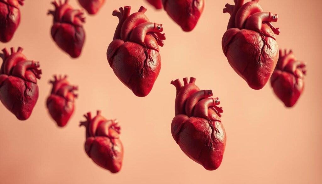 Dramatic heart variations, each with its own captivating character. A collection of finely detailed, anatomically accurate cardiac forms in a soft, warm light. Overlapping layers of subtly textured hearts in shades of red, pink, and crimson, arranged in an artful, asymmetrical composition. Floating against a hazy, pastel-tinted backdrop, these hearts evoke a sense of organic growth and gentle movement. Captured with a shallow depth of field, the hearts take on an almost sculptural quality, their three-dimensional forms casting delicate shadows. An elegant, minimalist study of the heart's infinite expressiveness.